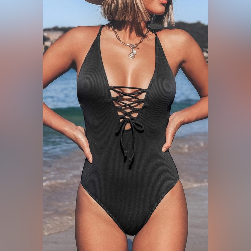 NWT Elegant Black Lace-Up Swimsuit